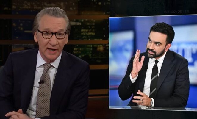 Bill Maher speaking on a television set.