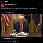 Former President Donald Trump speaking during a meeting, discussing relations with Venezuela, with U.S. flags and official decor in the background.