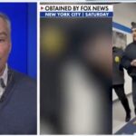 Tim Kaine speaking during a news segment, with a blurred image of a person being escorted by law enforcement in New York City.