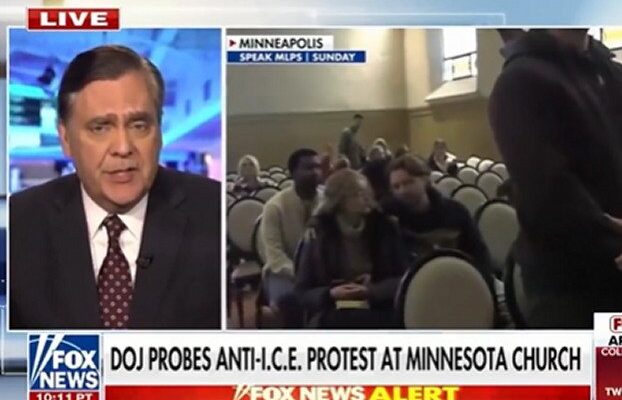 Exterior of a church with protesters outside