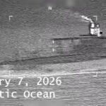 Thermal image of a vessel emitting smoke in the Atlantic Ocean on January 7, 2026, showcasing maritime activity in low visibility conditions.