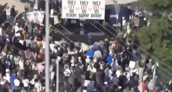 Crowd of Pacific Palisades residents protesting one year after wildfires