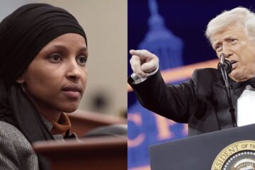 Donald Trump speaking with stern expression; Ilhan Omar portrait inset