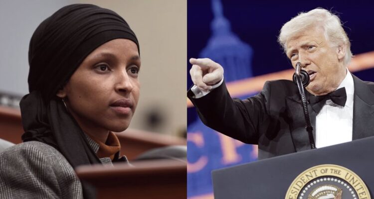 Donald Trump speaking with stern expression; Ilhan Omar portrait inset