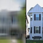 Side-by-side comparison of a blurred house image and a clear view of a well-maintained two-story home with a welcoming porch and landscaping.