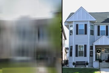 Side-by-side comparison of a blurred house image and a clear view of a well-maintained two-story home with a welcoming porch and landscaping.