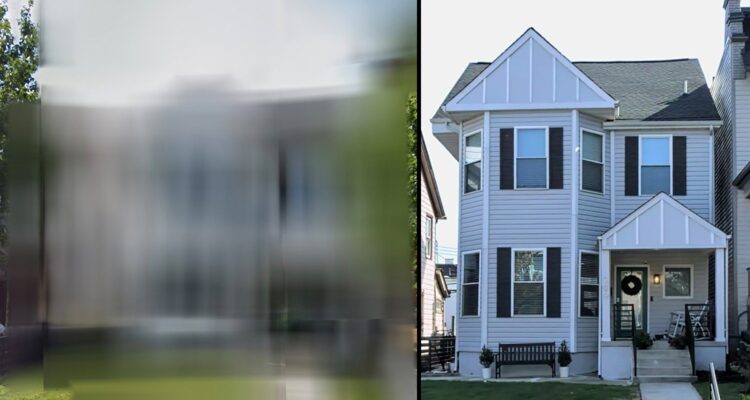 Side-by-side comparison of a blurred house image and a clear view of a well-maintained two-story home with a welcoming porch and landscaping.