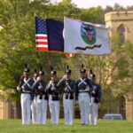 Virginia Military Institute campus buildings and flag