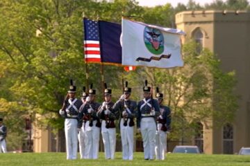 Virginia Military Institute campus buildings and flag