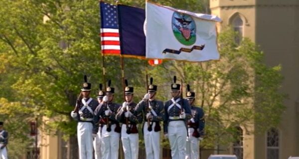 Virginia Military Institute campus buildings and flag