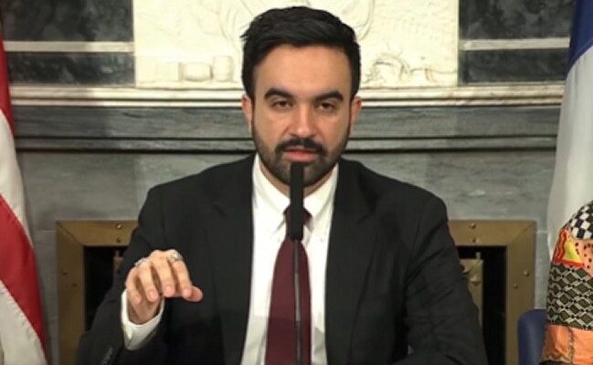 Mayor Zohran Mamdani speaking at a press event