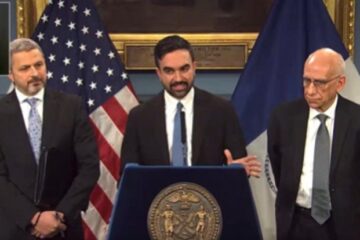 Zohran Mamdani speaking at City Hall about the city budget