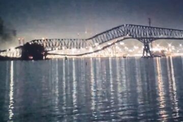 Francis Scott Key Bridge collapsed span and construction site