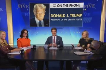 President Donald Trump speaking during a phone interview with The Five