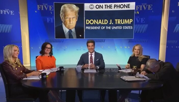 President Donald Trump speaking during a phone interview with The Five
