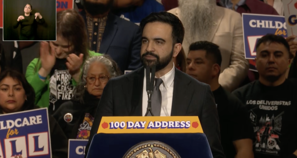 Mayor Zohran Mamdani speaking at 100-day event in Queens