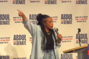 Rep. Summer Lee speaking at a campaign rally in Michigan