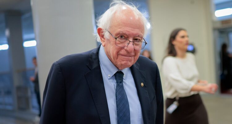 Bernie Sanders speaking at a campaign event with a Netflix logo nearby