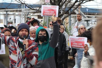 Protesters gather outside the Delaney Hall detention facility in Newark, New Jersey
