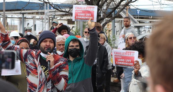 Protesters gather outside the Delaney Hall detention facility in Newark, New Jersey