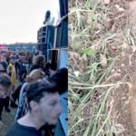 Crowd gathered at an illegal rave on a French military field