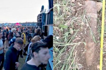 Crowd gathered at an illegal rave on a French military field