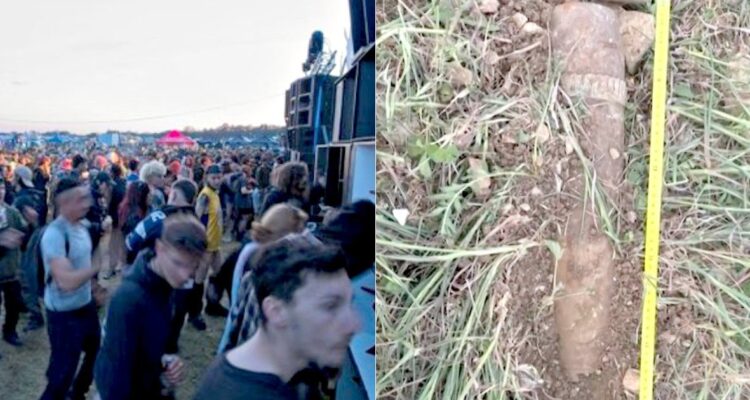 Crowd gathered at an illegal rave on a French military field