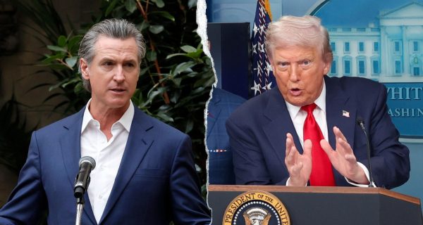 Gavin Newsom speaks at a news conference about taxing Trump fund recipients