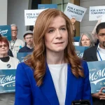 Mallory McMorrow campaign image with Senate race backdrop