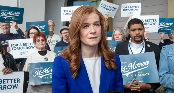 Mallory McMorrow campaign image with Senate race backdrop