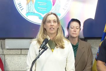 New Jersey Governor Mikie Sherrill speaking about the unrest outside Delaney Hall in Newark
