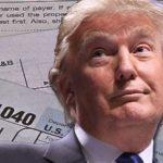 Donald Trump with legal papers and IRS-related headline imagery
