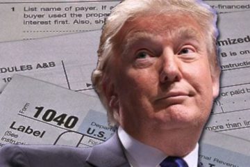 Donald Trump with legal papers and IRS-related headline imagery