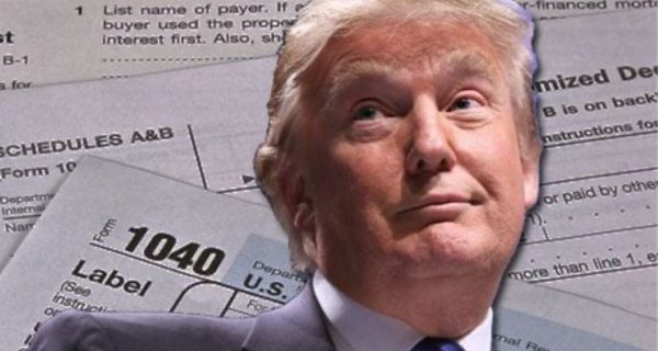 Donald Trump with legal papers and IRS-related headline imagery