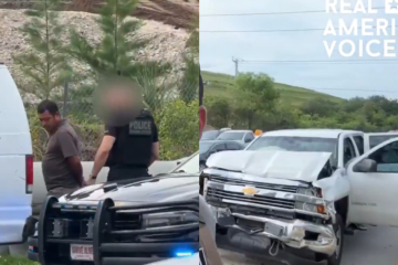Florida highway scene during an ICE operation with two pickup trucks involved in a crash