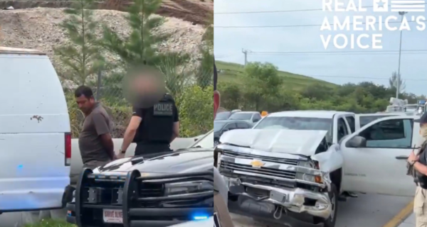 Florida highway scene during an ICE operation with two pickup trucks involved in a crash