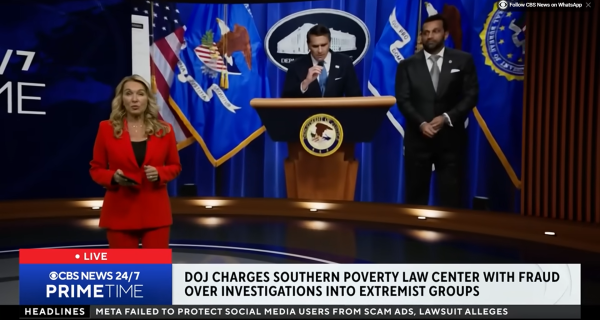 Southern Poverty Law Center building with legal documents and DOJ filing allegations