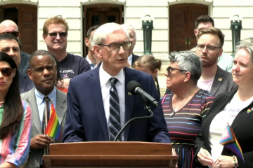 Wisconsin Gov. Tony Evers speaking at a Pride Flag Raising event