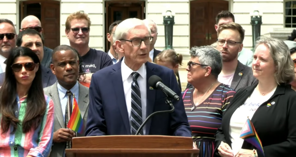 Wisconsin Gov. Tony Evers speaking at a Pride Flag Raising event