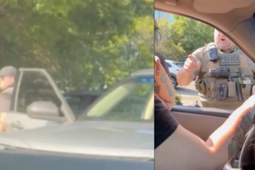 Video still of a woman in a vehicle during a confrontation with ICE agents