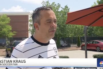 German World Cup fan Sebastian Kraus gets emotional during a television interview about kindness from an American stranger