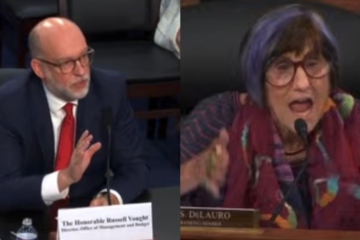 Rep. Rosa DeLauro shouting at OMB Director Russ Vought during a House hearing