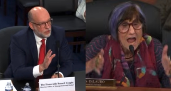 Rep. Rosa DeLauro speaking during a House Appropriations hearing with Russ Vought