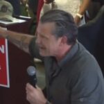 Pete Hegseth speaking at the Iowa State Fair amid backlash over a remark about transgender people