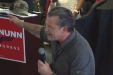 Pete Hegseth speaking at the Iowa State Fair amid backlash over a remark about transgender people