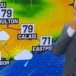 WABI meteorologist Patrick Osborn laughing during a live weather broadcast in Maine
