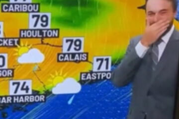 WABI meteorologist Patrick Osborn laughing during a live weather broadcast in Maine