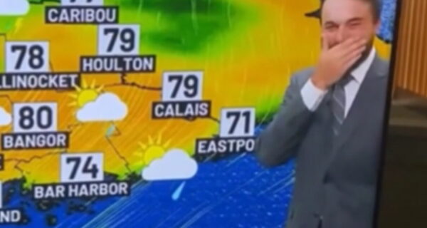 WABI meteorologist Patrick Osborn laughing during a live weather broadcast in Maine