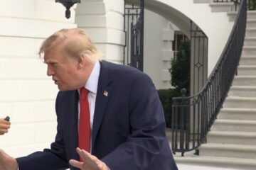 President Donald Trump speaking to reporters outside the White House