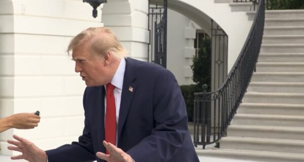 President Donald Trump speaking to reporters outside the White House